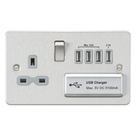 Knightsbridge Flat plate 13A switched socket with quad USB charger - brushed chrome with grey insert FPR7USB4BCG