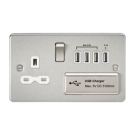 Knightsbridge Flat plate 13A switched socket with quad USB charger - brushed chrome with white insert FPR7USB4BCW