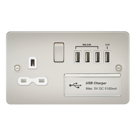 Knightsbridge 13A Switched Socket with Quad USB-A (5V DC 5.1A shared) - Pearl with White Insert FPR7USB4PLW