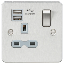 Knightsbridge Flat plate 13A 1G switched socket with dual USB charger (2.1A) - brushed chrome with grey insert FPR9901BCG