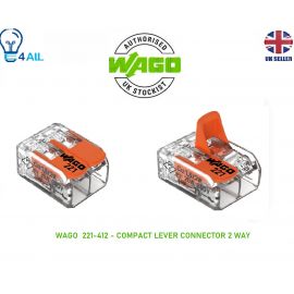 WAGO 221- Series Reusable Electrical Wire Cable Connectors Compact UK-2 Way - 221-412 ( Connector: 2 Way - 221-412, Pack of: 2 ) 