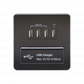 Screwless Quad USB Charger Outlet (5.1A)-SFQUADMB-Knightsbridge-Matt Black -Black insert 