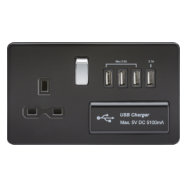Screwless 13A switched socket with quad USB charger (5.1A)-SFR7USB4MB-Knightsbridge-Matt Black (Chrome Rocker)-Black insert 