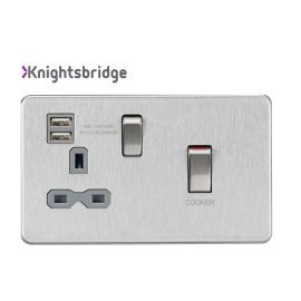 45A DP Switch and 13A switched socket with dual USB charger - brushed chrome with grey insert