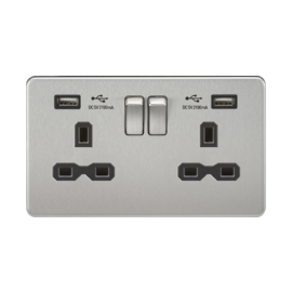 Screwless 13A 2G switched socket with dual USB charger (2.1A)-Brushed chome-Black insert 