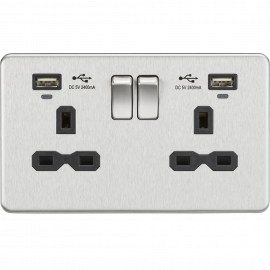 Screwless 13A Smart 2G switched socket with USB chargers (2.4A)-SFR9904N-Knightsbridge-Brushed chome-Black insert 