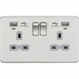 Screwless 13A Smart 2G switched socket with USB chargers (2.4A)-SFR9904N-Knightsbridge-Brushed chome-Grey insert 