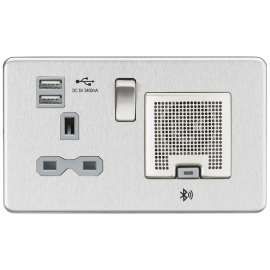 Screwless 13A socket, USB chargers (2.4A) and Bluetooth Speaker-SFR9905-Knightsbridge-Brushed chome-Grey insert 