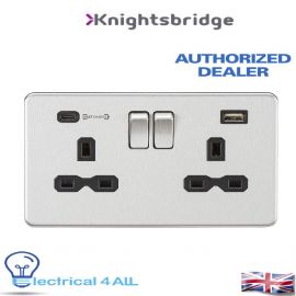 13A 2G DP Switched Socket with Dual USB Charger with A Type-C Fastcharge Port Brushed Chrome with Black insert