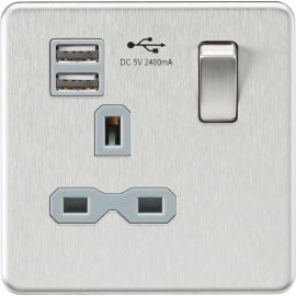 Screwless 13A 1G switched socket with dual USB charger (2.4A) - brushed chrome with grey insert